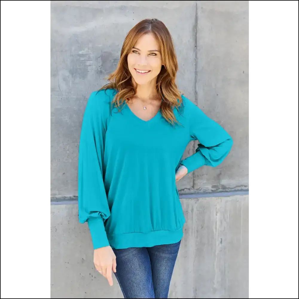Basic Bae V-neck Lantern Sleeve Top - Full Size - Sky Blue / s - Blouses on Sale Worldwide Shipping