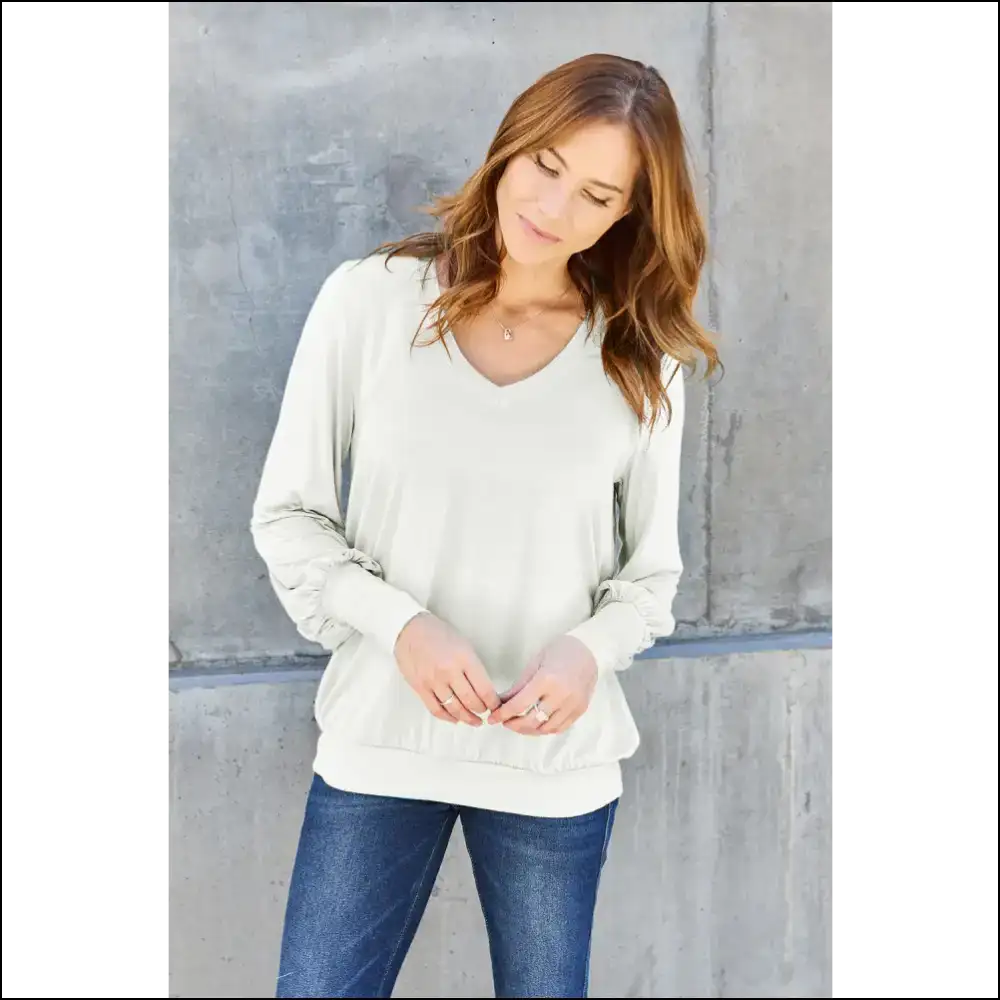 Basic Bae V-neck Lantern Sleeve Top - Full Size - White / s - Blouses on Sale Worldwide Shipping