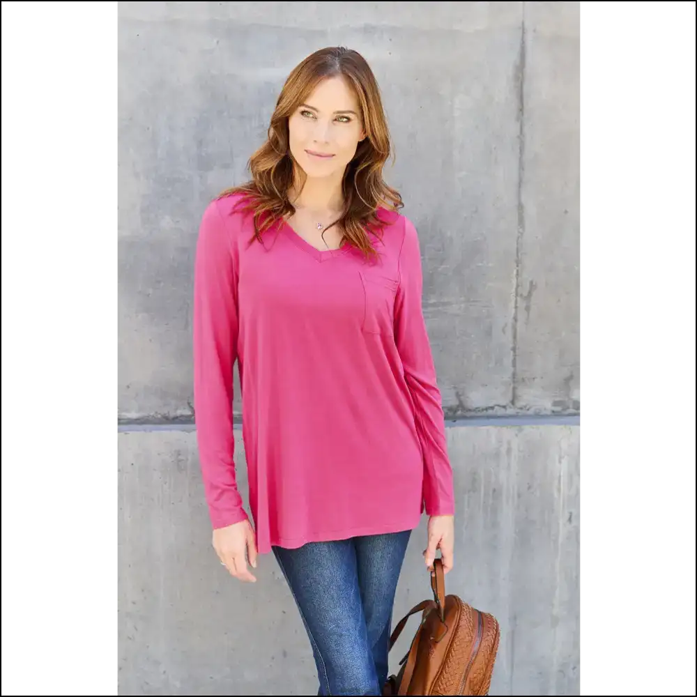 Basic Bae V-neck Long Sleeve Top - your New Go-to - Hot Pink / m - Blouses on Sale Worldwide Shipping