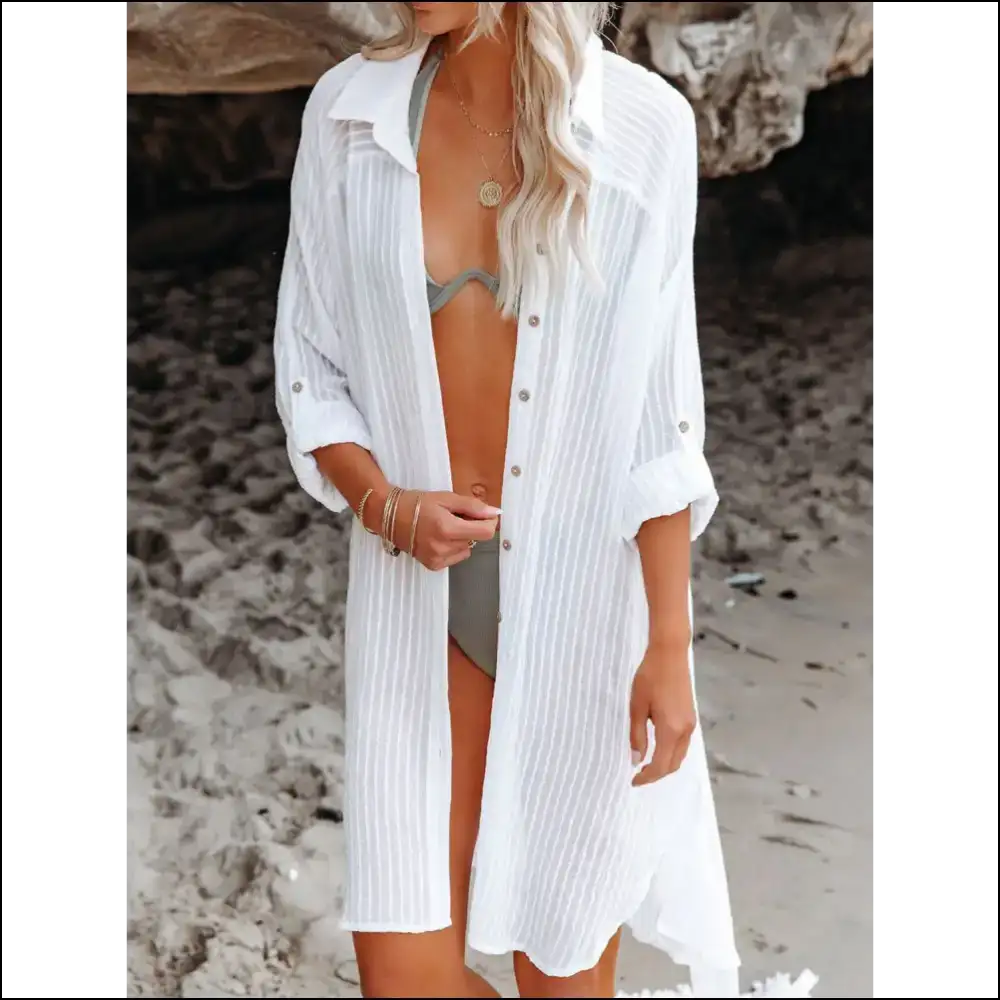 Beach Please: Flaunt it in our Chic Roll-tab Sleeve Cover-up! πβ¨ - White / one Size - Cover-ups Swimwear on Sale Worldwide Shipping