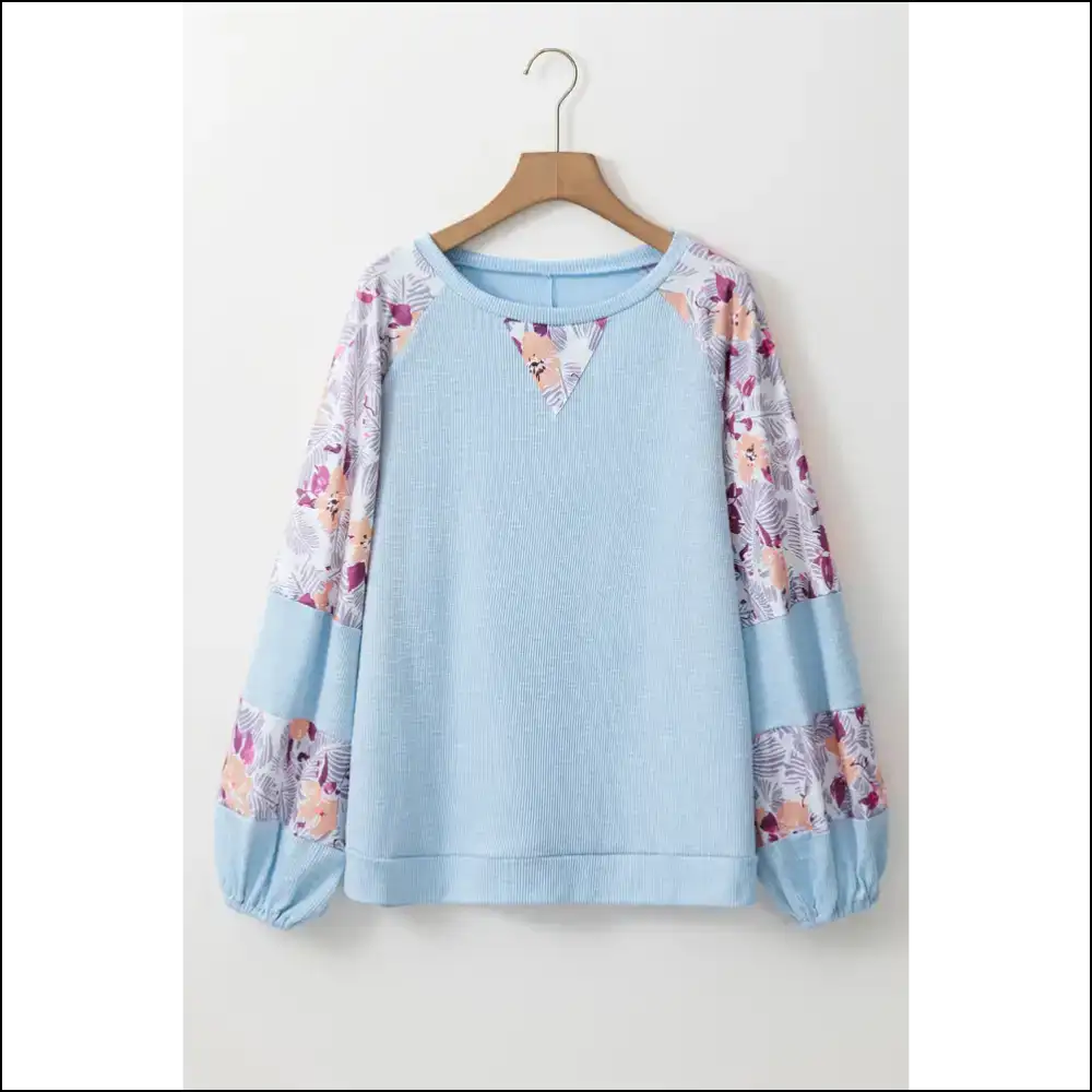 Beau Blue Crinkle Rib Floral Balloon Sleeve: so Cute it Hurts 💙🌼 - Apricot / s - Long Sleeve Tops Shirts & on Sale Worldwide Shipping