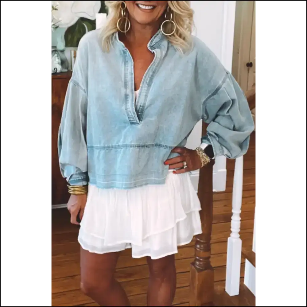 Beau Blue Denim Blouse: Dressed to Distressed! 💙 Needful Things - s - Blouses on Sale Worldwide Shipping
