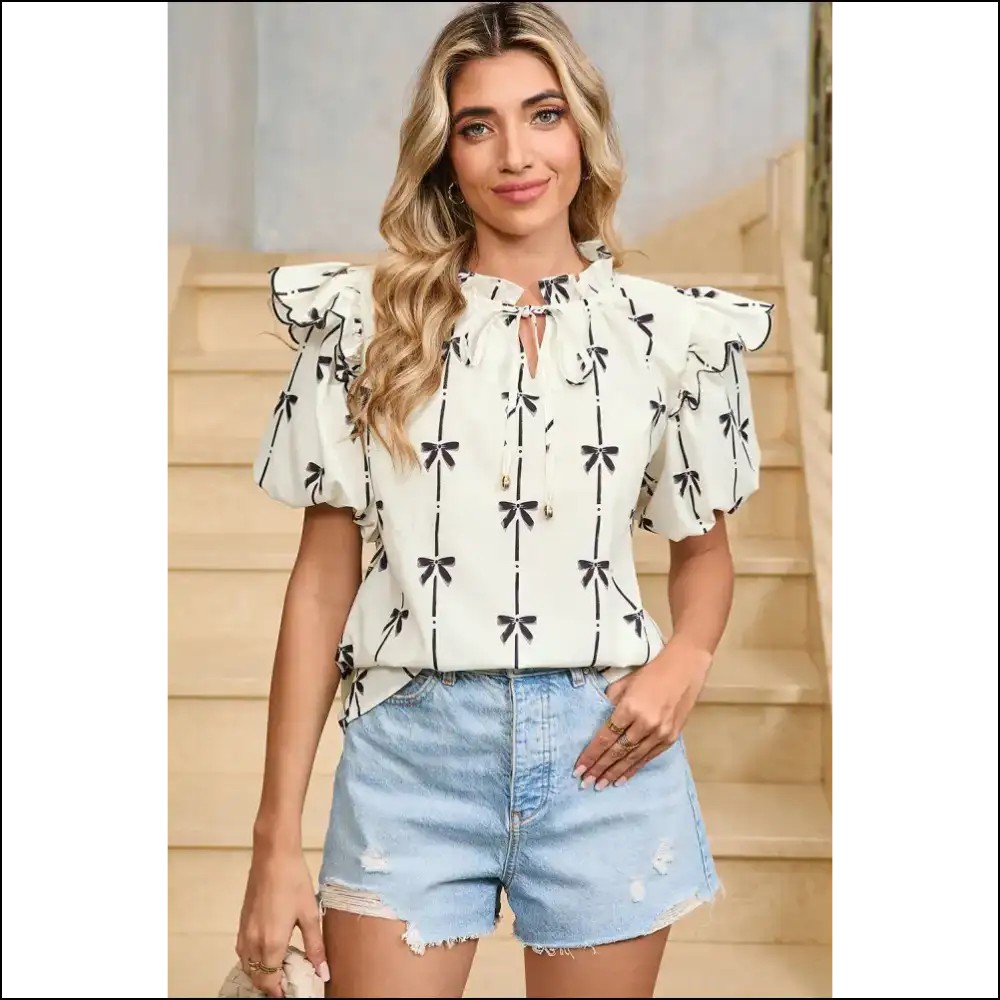 Beige Bow Print Blouse: your New Bff - Blouses on Sale Worldwide Shipping