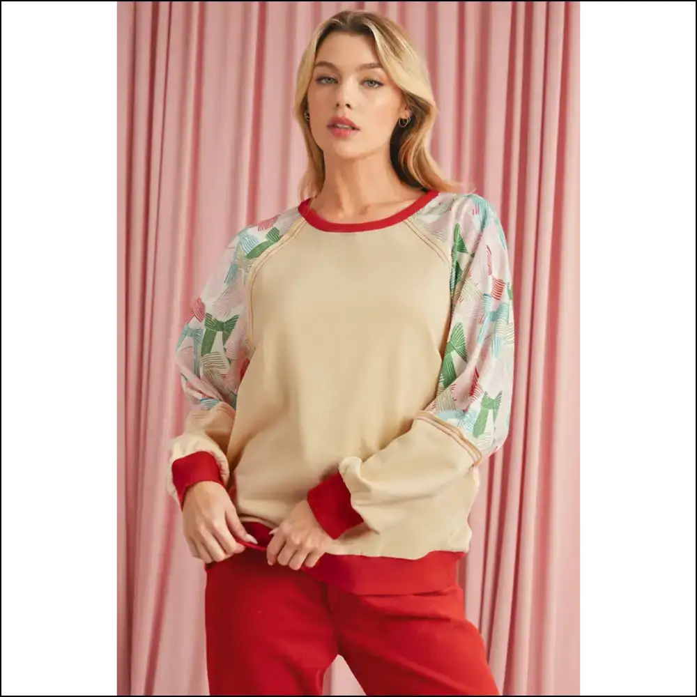 Beige Bowknot Print Top: so Fancy You’ll Die 🎀 Needful Things - Long Sleeve Tops Shirts & on Sale Worldwide Shipping