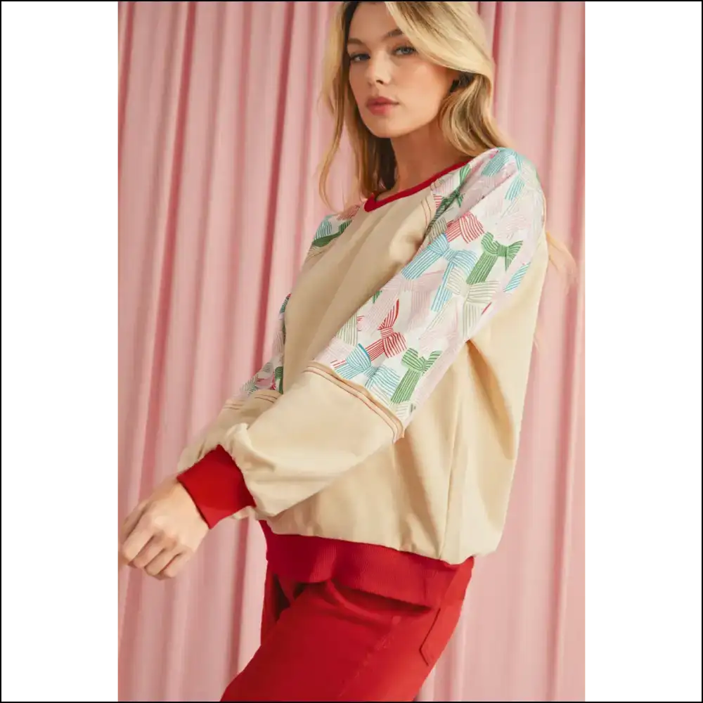 Beige Bowknot Print Top: so Fancy You’ll Die 🎀 Needful Things - Long Sleeve Tops Shirts & on Sale Worldwide Shipping