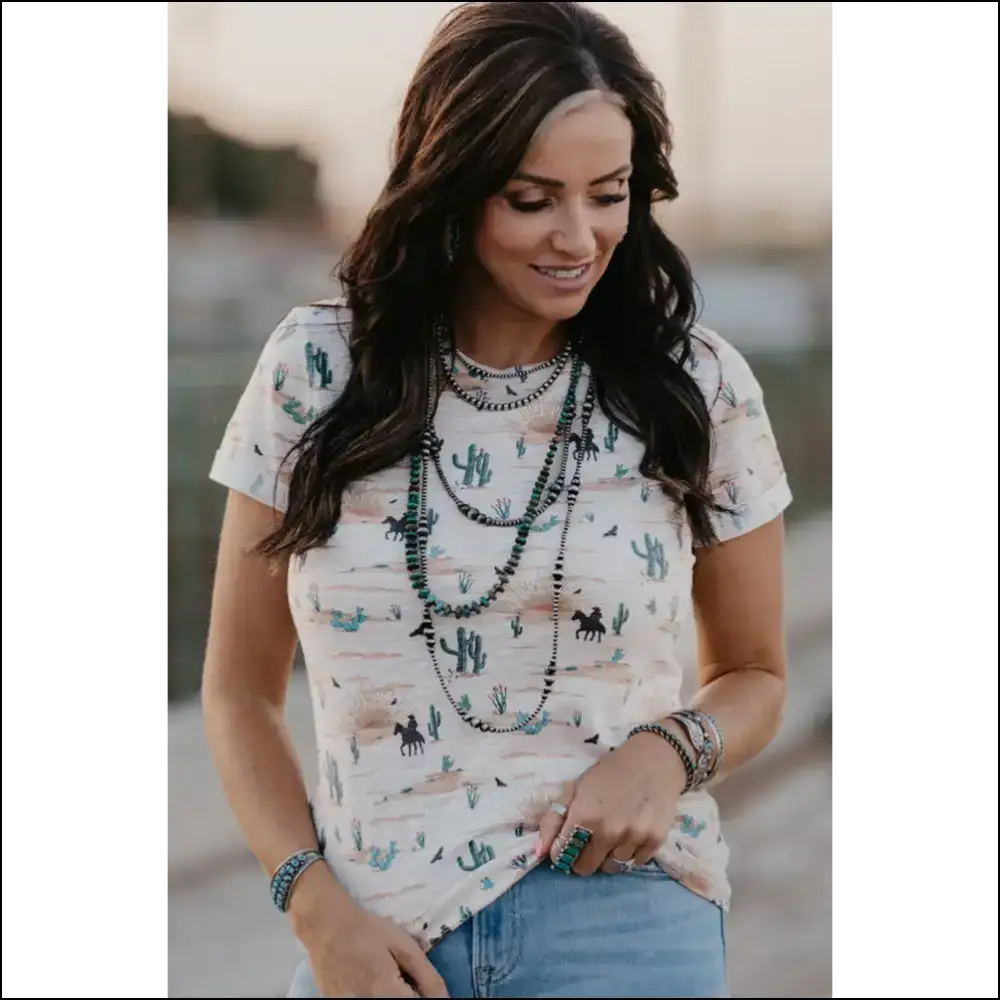 Beige Cactus Print Crew: Prickly & Fabulous from Needful Things 🌵 - t Shirts on Sale Worldwide Shipping