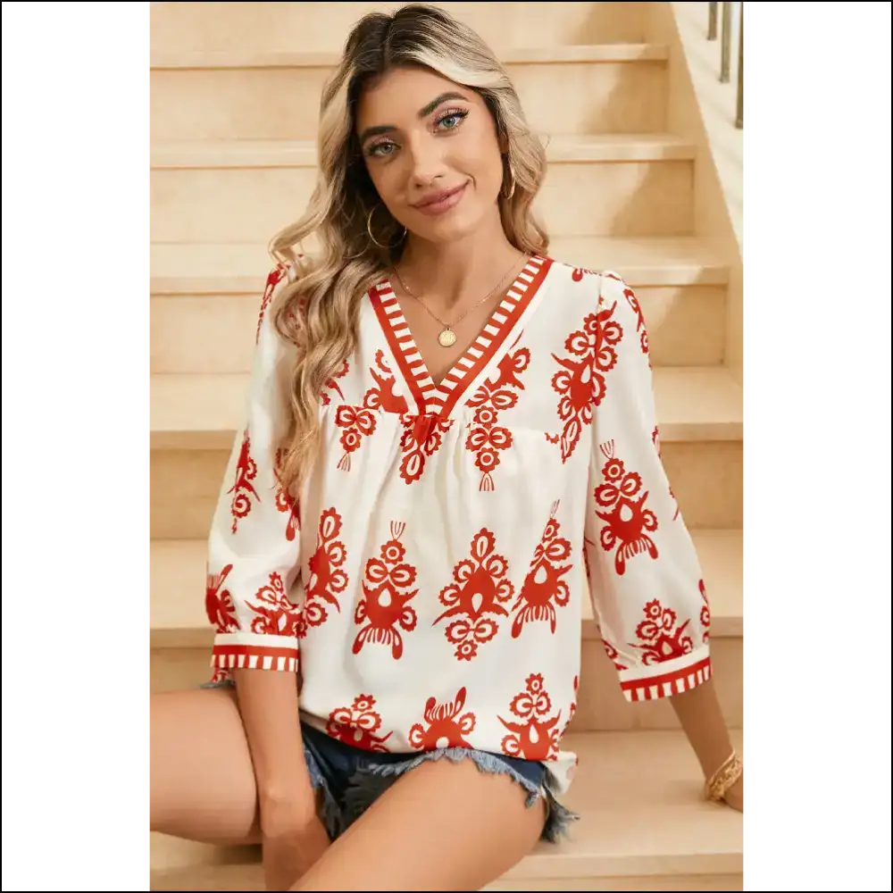 Beige Ethnic Abstract Blouse Queen Vibes Only - Blouses on Sale Worldwide Shipping