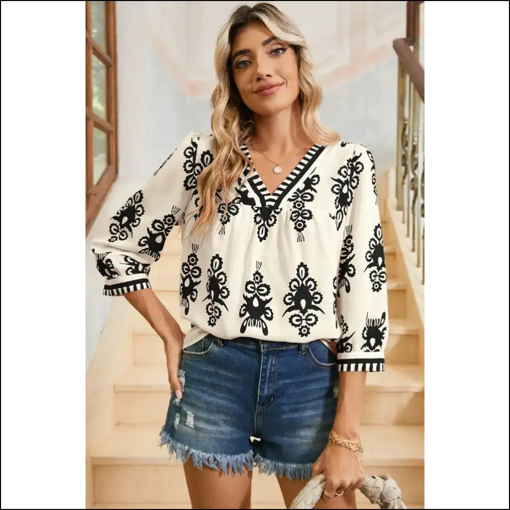 Beige Ethnic Abstract Blouse Queen Vibes Only - Blouses on Sale Worldwide Shipping