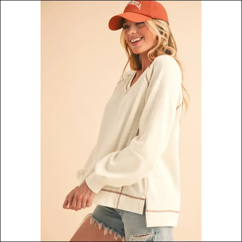 Beige Exposed Seam Top: Effortlessly Chic ☕ Needful Things - Long Sleeve Tops Shirts & on Sale Worldwide Shipping