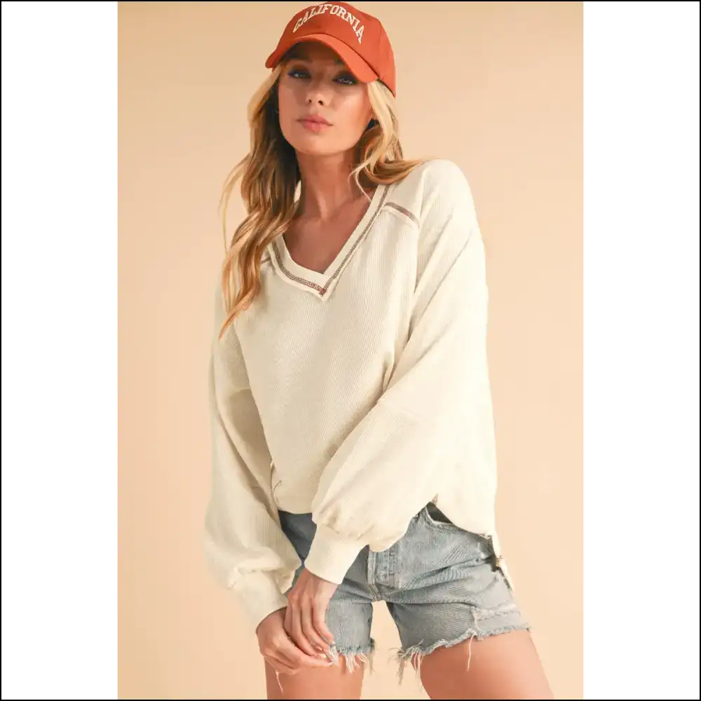 Beige Exposed Seam Top: Effortlessly Chic ☕ Needful Things - Long Sleeve Tops Shirts & on Sale Worldwide Shipping