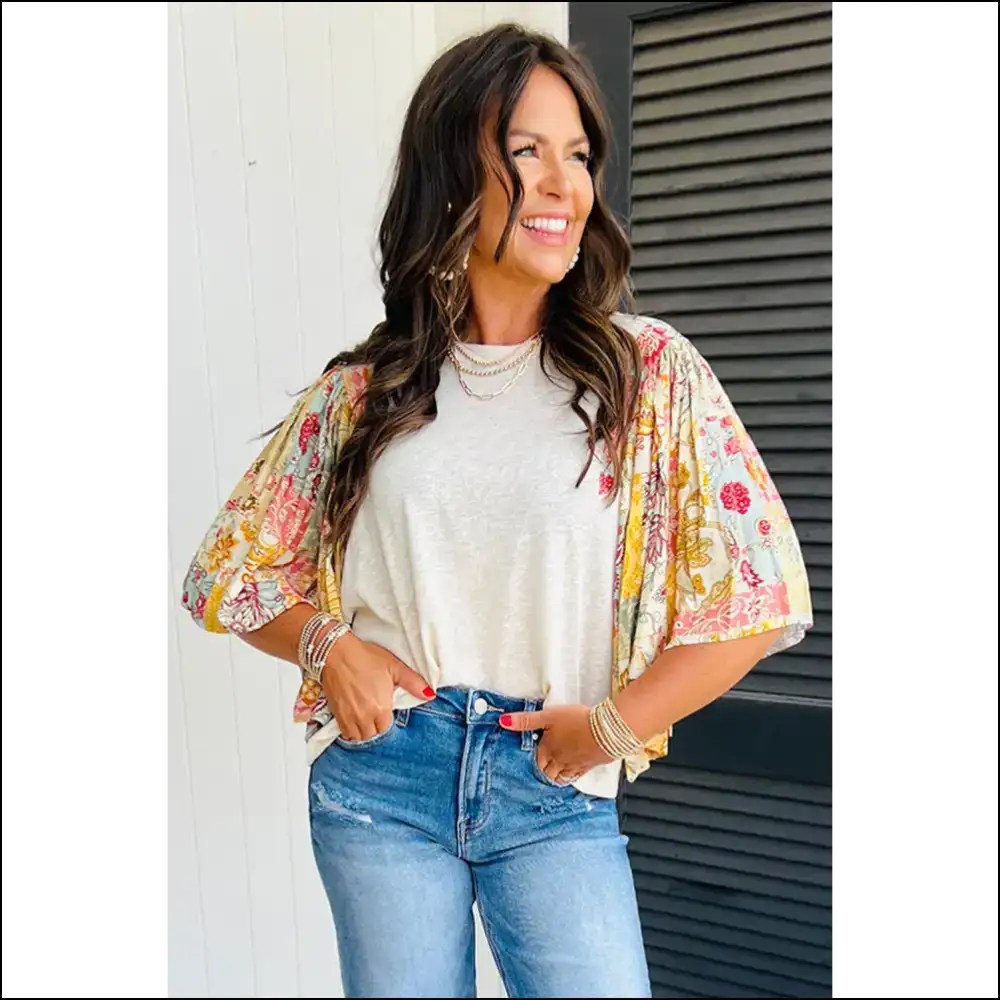 Beige Floral Batwing Sleeve Blouse: Needful Things Goddess 🌸 - Blouses on Sale Worldwide Shipping