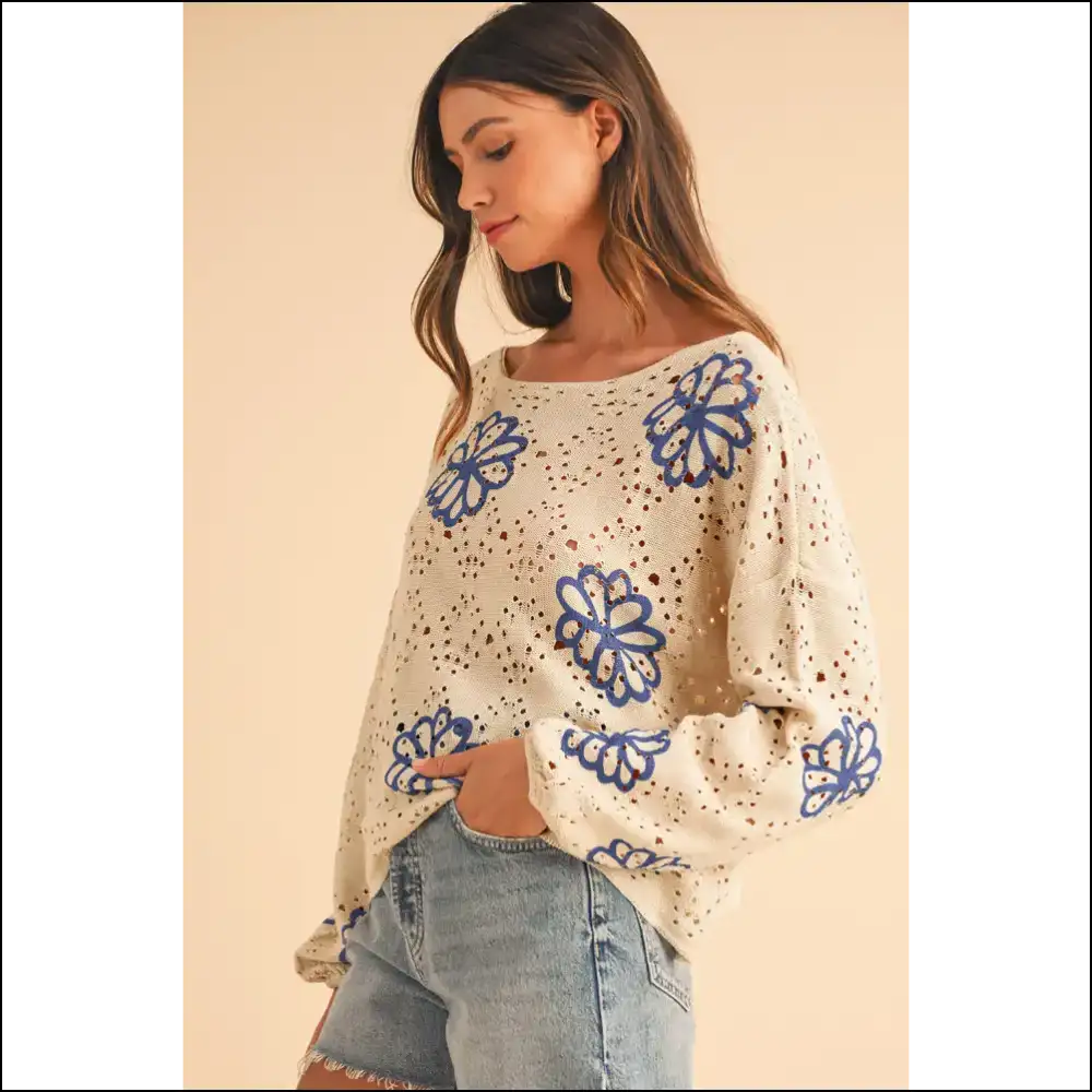 Beige Flower Print Sweater: so Cute it Hurts ๐ผ Needful Things - Knit Tops on Sale Worldwide Shipping