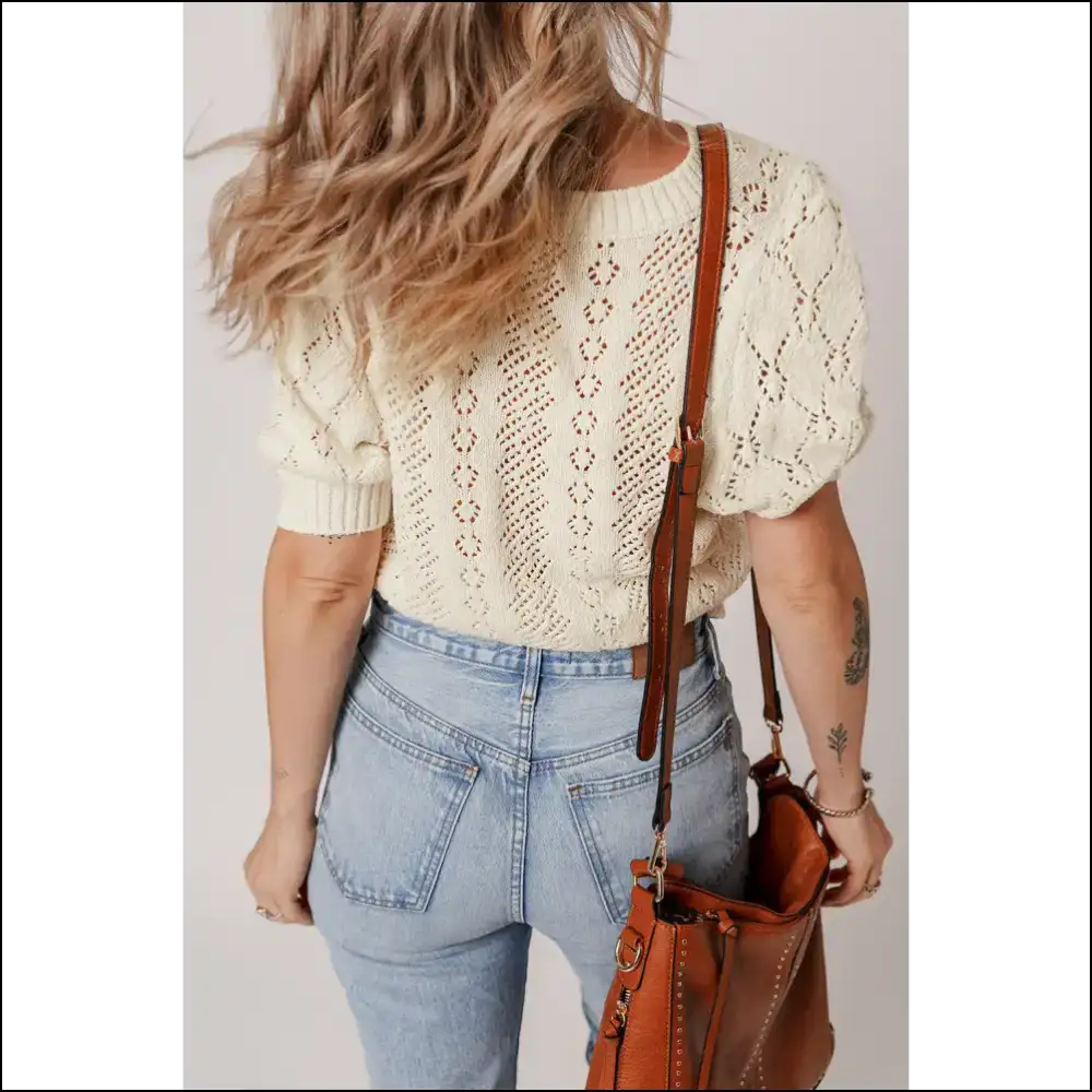 Beige Hollowed Knit Puff Sleeve Top: your Existential Knit-mare 🤣 Needful Things - Tops on Sale Worldwide Shipping