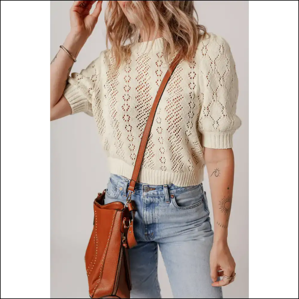 Beige Hollowed Knit Puff Sleeve Top: your Existential Knit-mare 🤣 Needful Things - Tops on Sale Worldwide Shipping