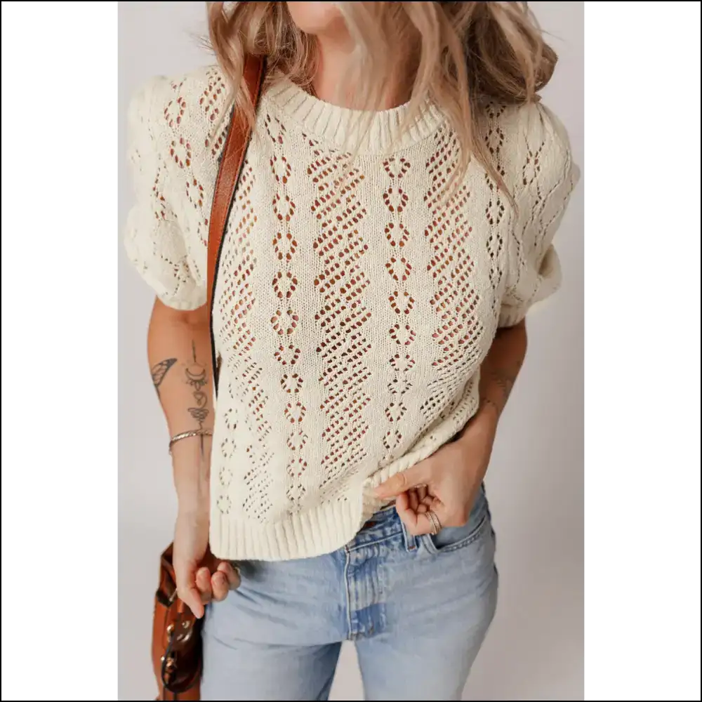Beige Hollowed Knit Puff Sleeve Top: your Existential Knit-mare 🤣 Needful Things - Tops on Sale Worldwide Shipping