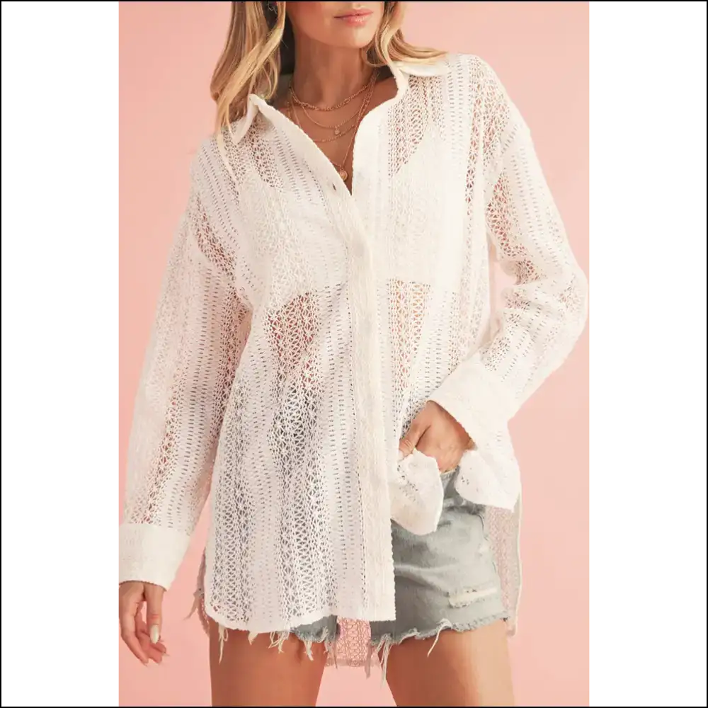 Beige Lace Crochet Oversized: Feeling but Looking Boujee 💅 - s - Long Sleeve Tops Shirts & on Sale Worldwide Shipping