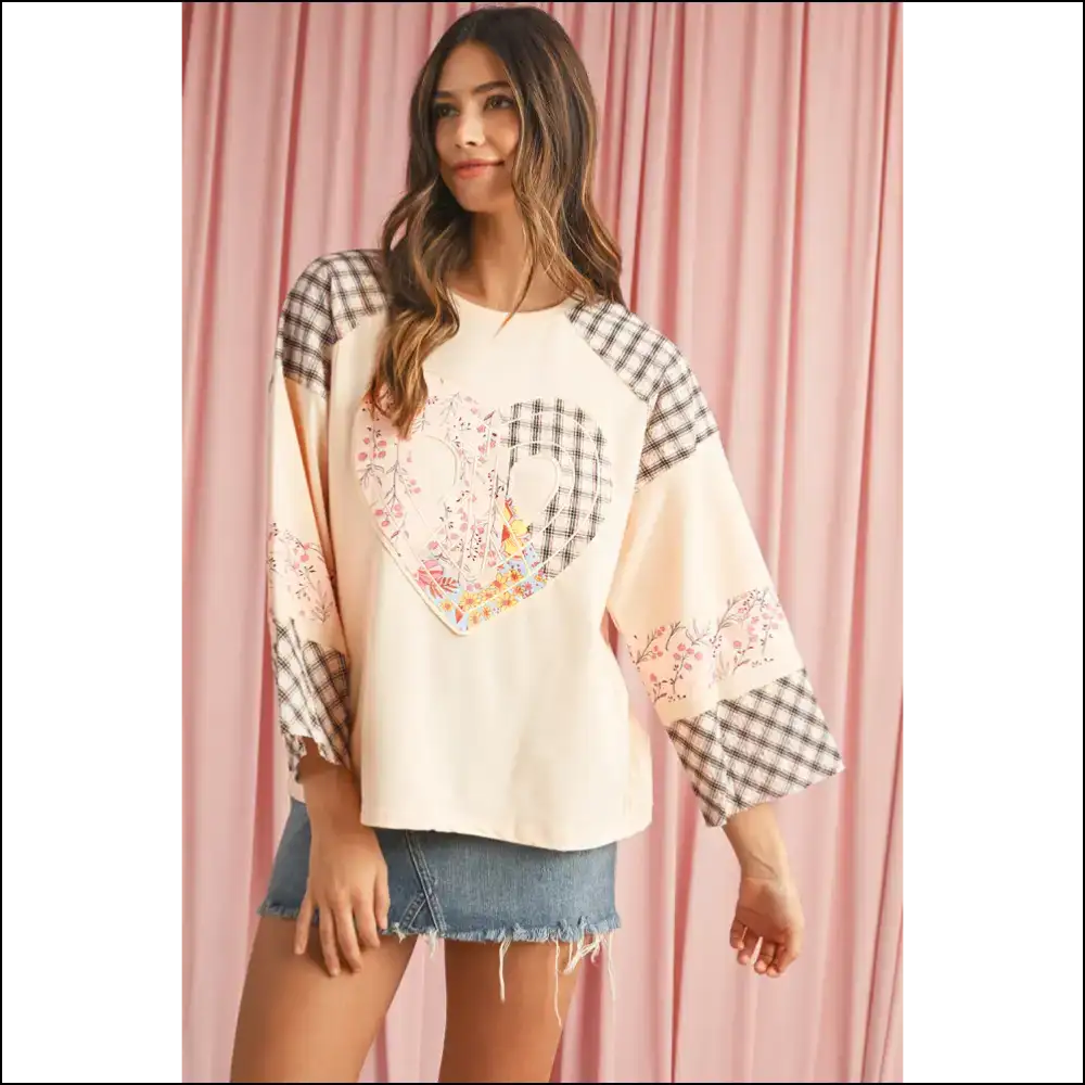 Beige Plaid Floral Heart Long Sleeve: Huggable Horror from Needful Things π - Sleeve Tops Shirts & on Sale Worldwide Shipping