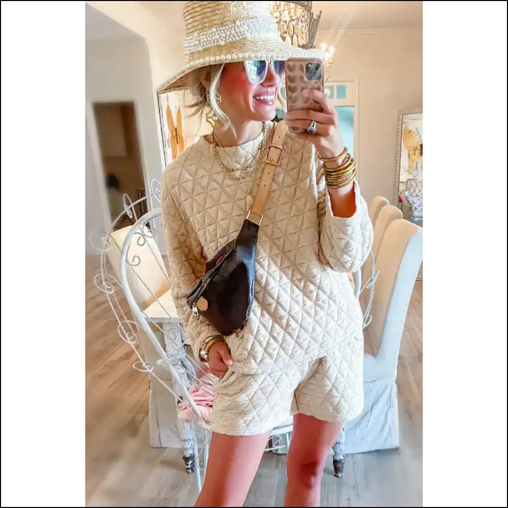 Beige Quilted Long Sleeve Set: so Cozy Youll Hibernate! 🐻 Needful Things - Two Piece Shorts Sets on Sale Worldwide Shipping