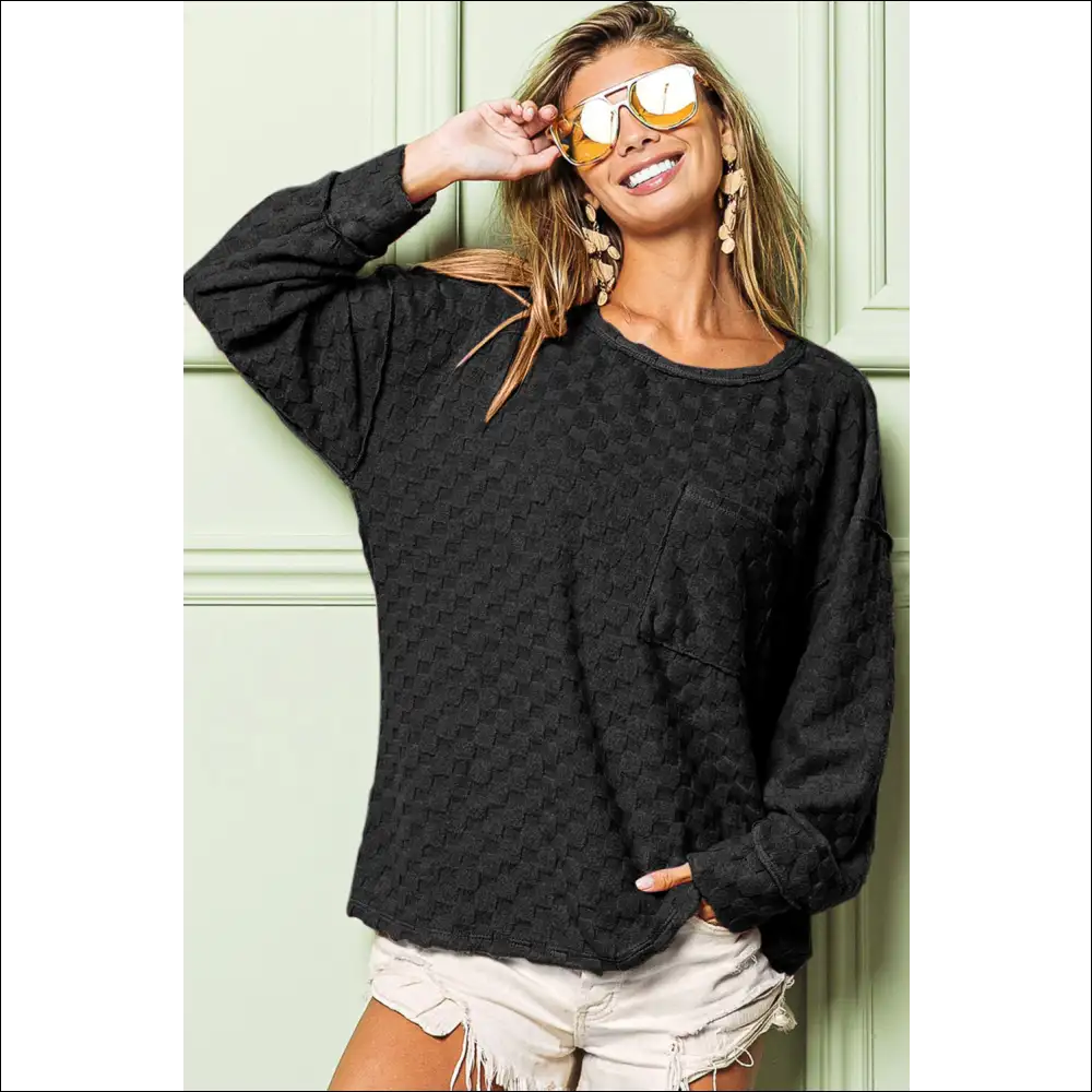 Bibi Checkered Round Neck Exposed Seam Top - Sweatshirts & Hoodies on Sale Worldwide Shipping