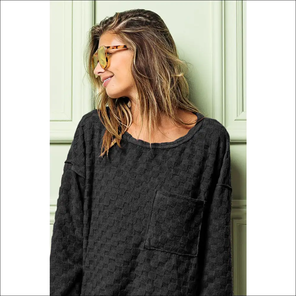 Bibi Checkered Round Neck Exposed Seam Top - Sweatshirts & Hoodies on Sale Worldwide Shipping