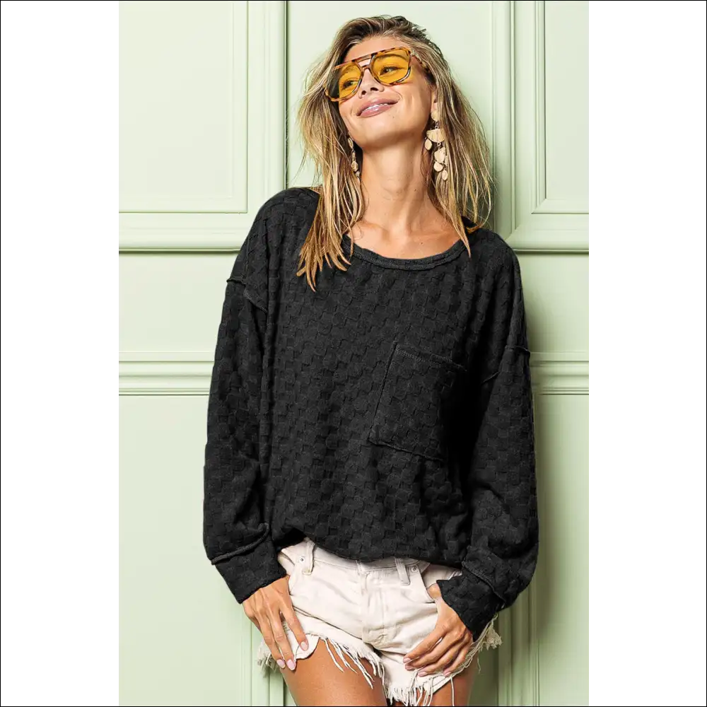 Bibi Checkered Round Neck Exposed Seam Top - Sweatshirts & Hoodies on Sale Worldwide Shipping