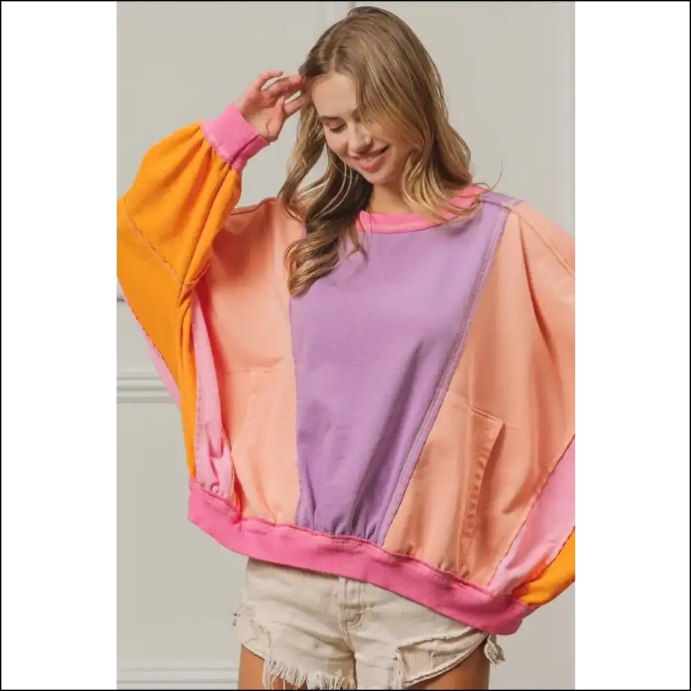 Bibi Color Block Exposed Seam Sweatshirt with Pockets - Sweatshirts & Hoodies on Sale Worldwide Shipping