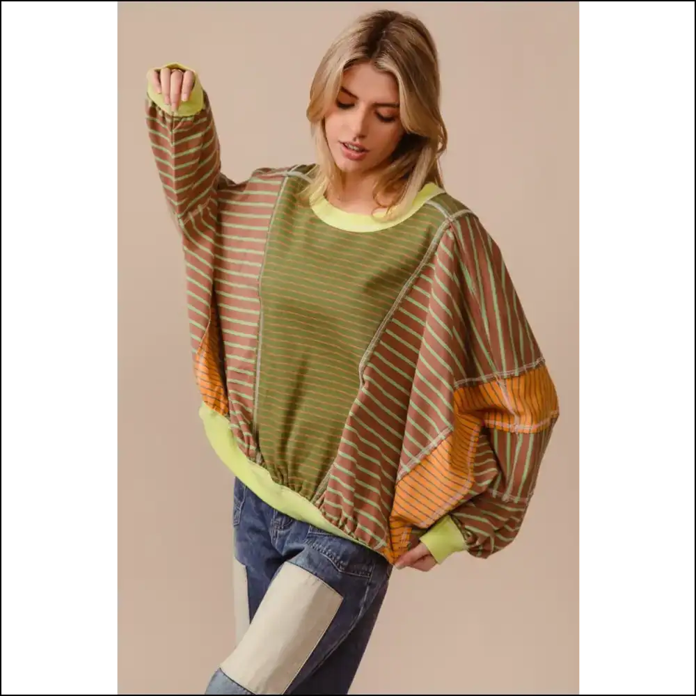 Bibi Color Block Striped Sweatshirt – Trendy & Chic - Gum Leaf / s - Sweatshirts Hoodies on Sale Worldwide Shipping