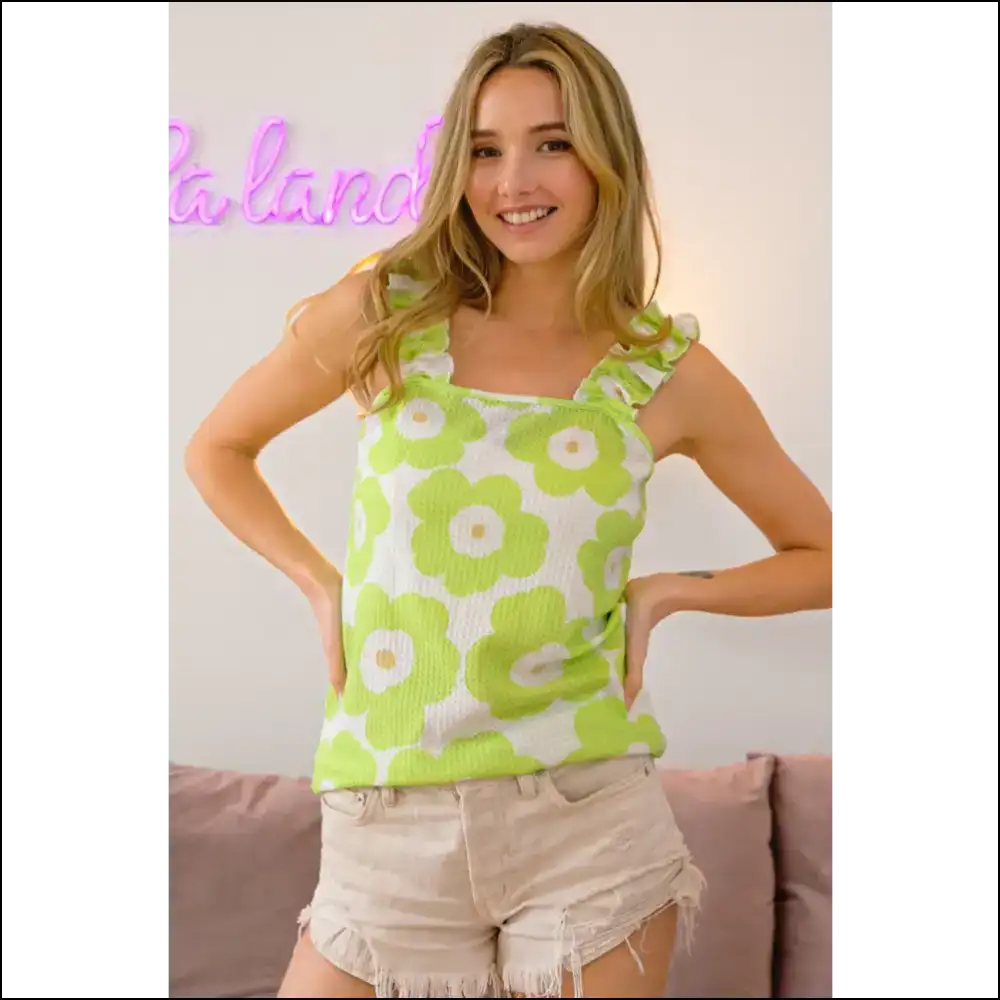 Bibi Floral Ruffled Waffle Tank - Chic & Playful - Tops on Sale Worldwide Shipping