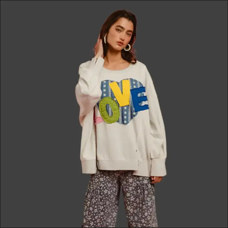 Bibi Love Heart Patch Slit Sweatshirt - Light Gray / s - Sweatshirts & Hoodies on Sale Worldwide Shipping