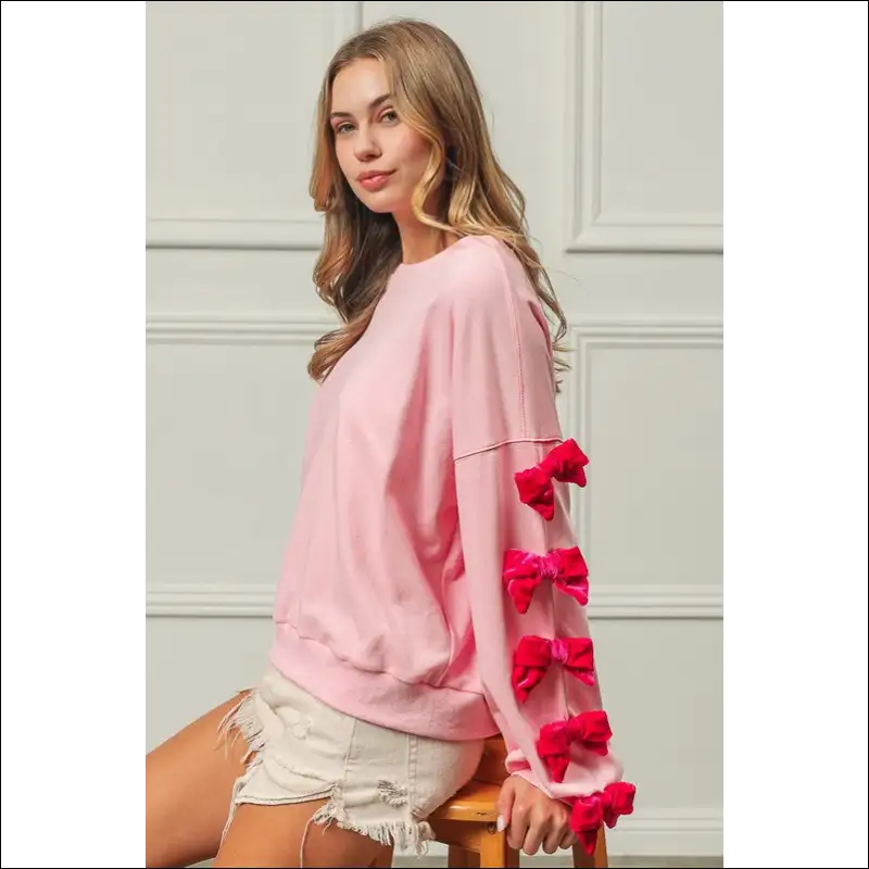Bibi Velvet Ribbon Bows Long Sleeve Sweatshirt - Sweatshirts & Hoodies on Sale Worldwide Shipping