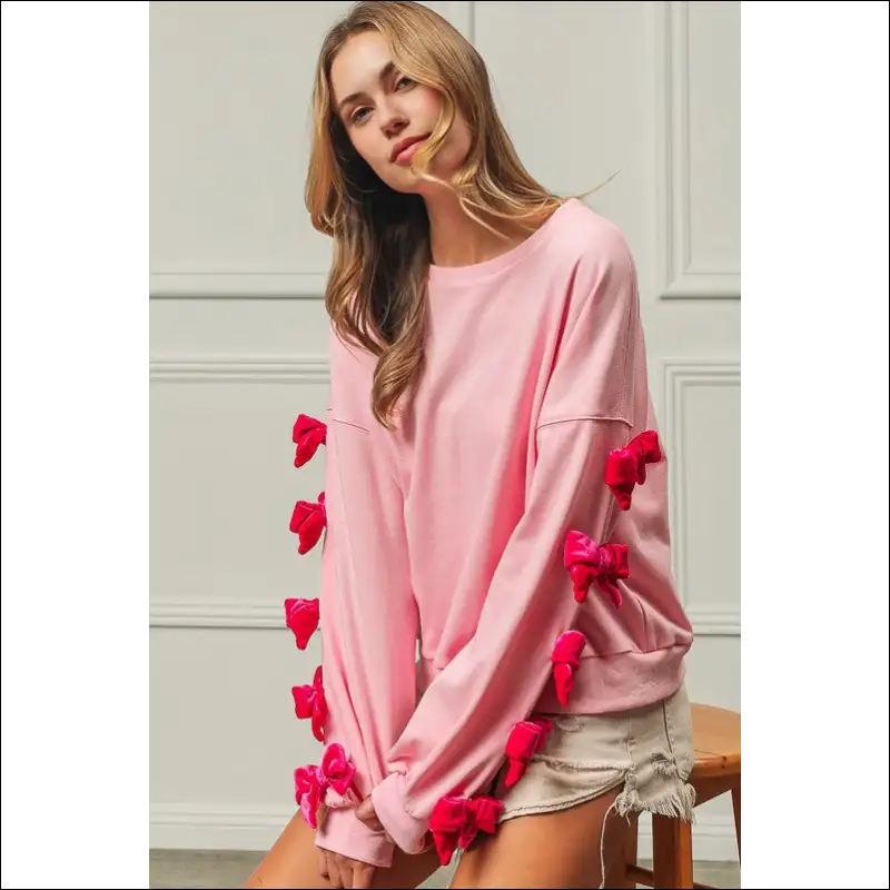 Bibi Velvet Ribbon Bows Long Sleeve Sweatshirt - Sweatshirts & Hoodies on Sale Worldwide Shipping