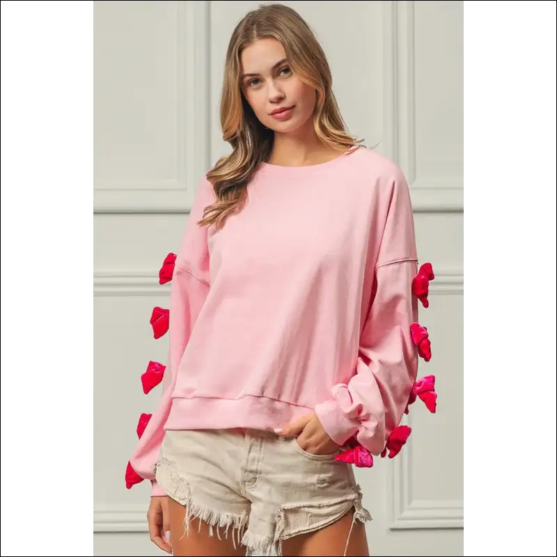 Bibi Velvet Ribbon Bows Long Sleeve Sweatshirt - Pink / s - Sweatshirts & Hoodies on Sale Worldwide Shipping