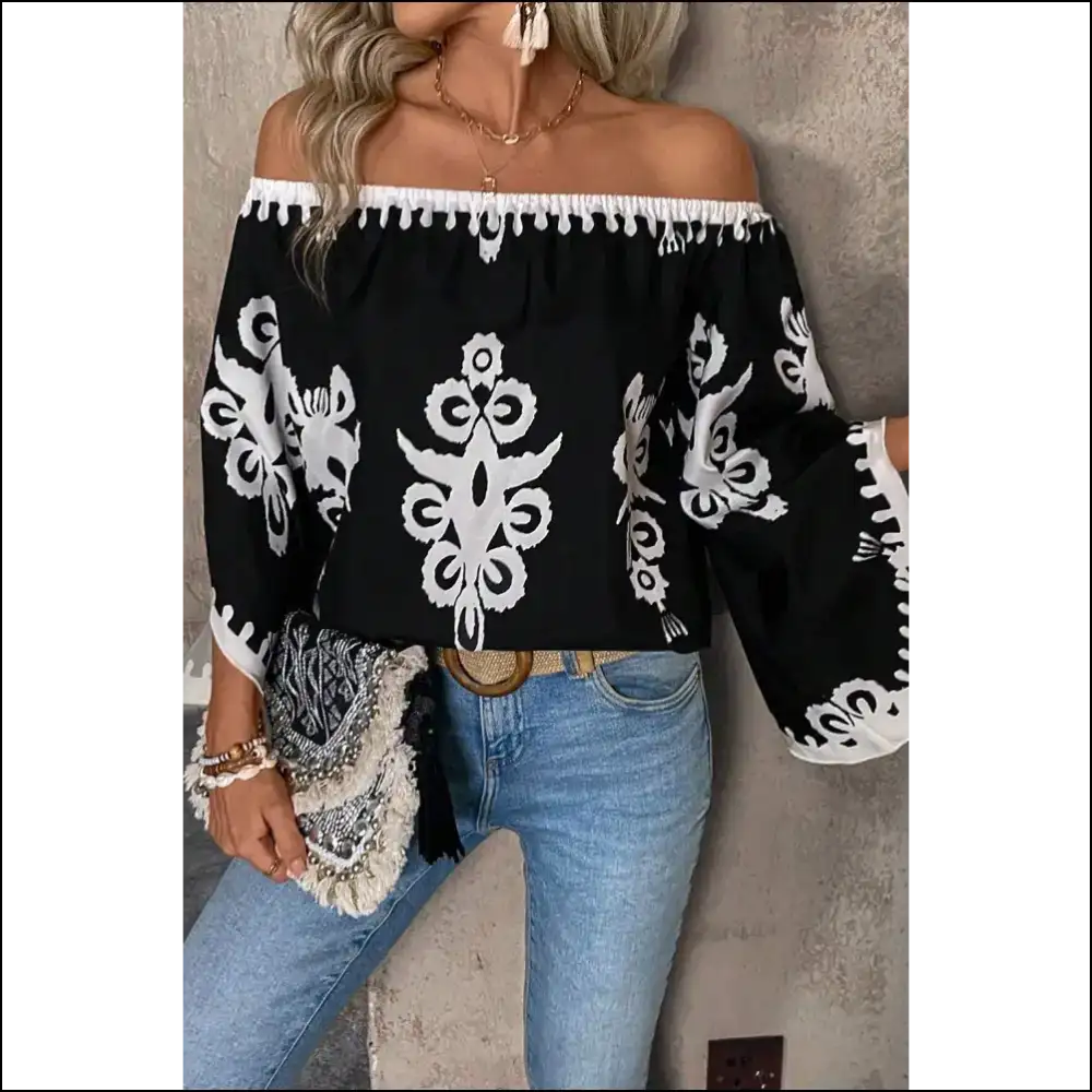 Black Abstract Print Blouse Bohemian Rhapsody in Fabric - s - Blouses on Sale Worldwide Shipping