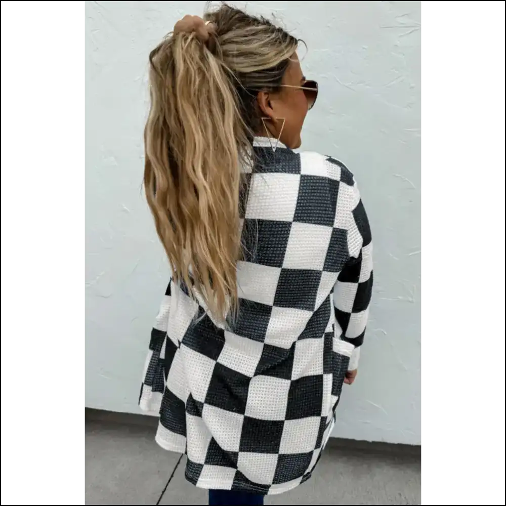 Black Checkered Wfle Knit Cardigan: Cozy 🖤 - Cardigans on Sale Worldwide Shipping