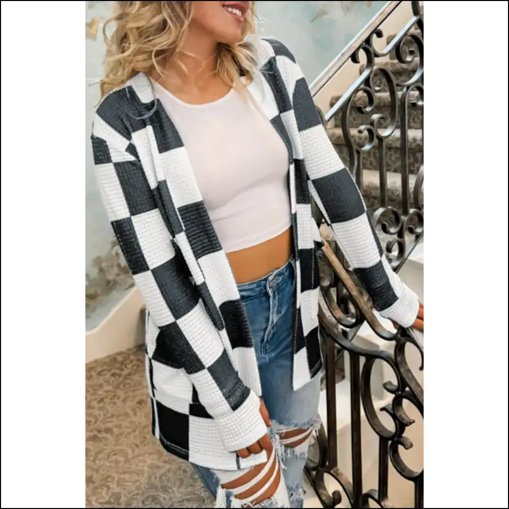 Black Checkered Wfle Knit Cardigan: Cozy 🖤 - s - Cardigans on Sale Worldwide Shipping