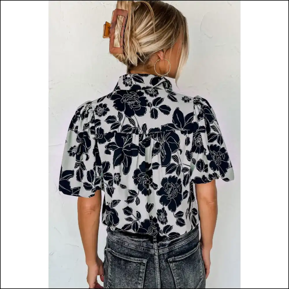Black Floral Bubble Sleeve Shirt Instant Fabulousness - Blouses on Sale Worldwide Shipping