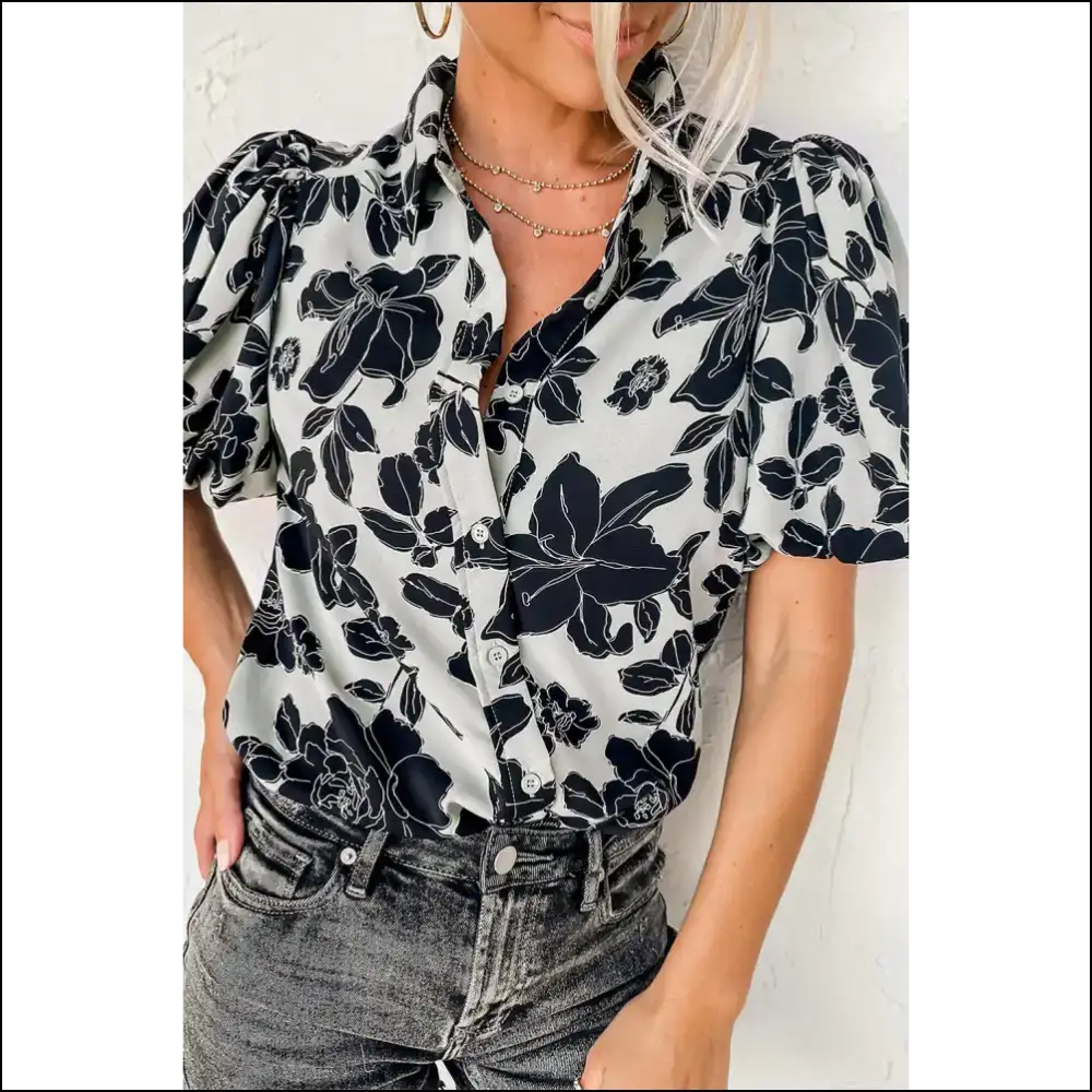 Black Floral Bubble Sleeve Shirt Instant Fabulousness - s - Blouses on Sale Worldwide Shipping