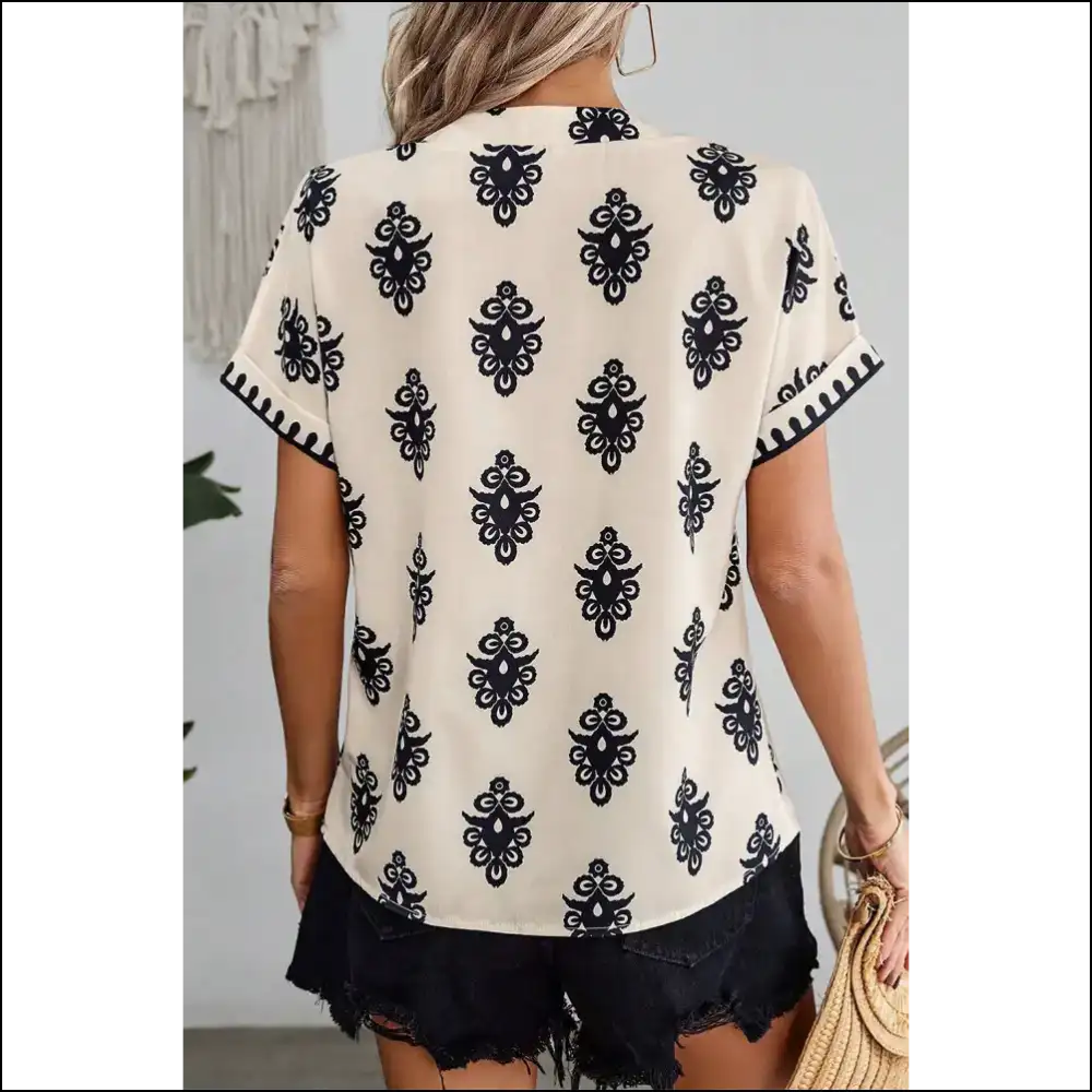 Black Geometric V-neck Blouse: Warning - May Cause Whiplash! 🖤 Needful Things - Blouses on Sale Worldwide Shipping