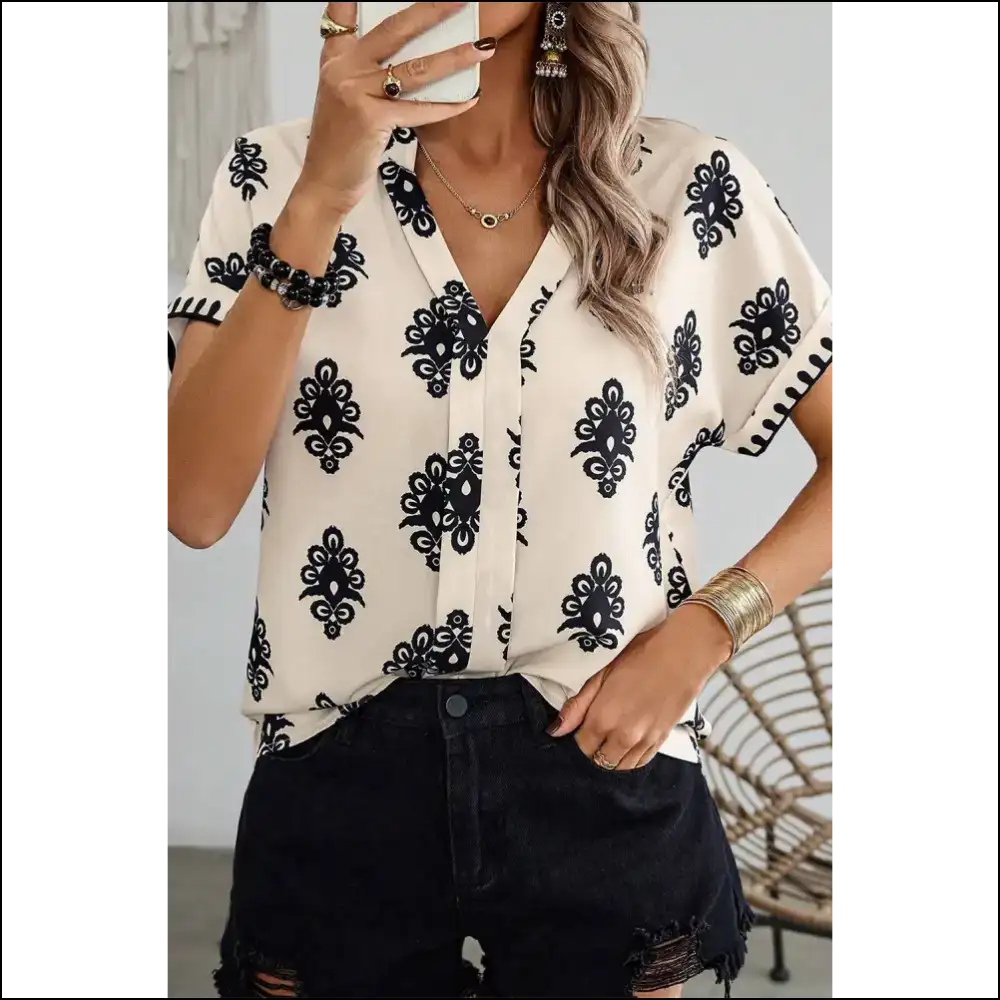 Black Geometric V-neck Blouse: Warning - May Cause Whiplash! 🖤 Needful Things - s - Blouses on Sale Worldwide Shipping