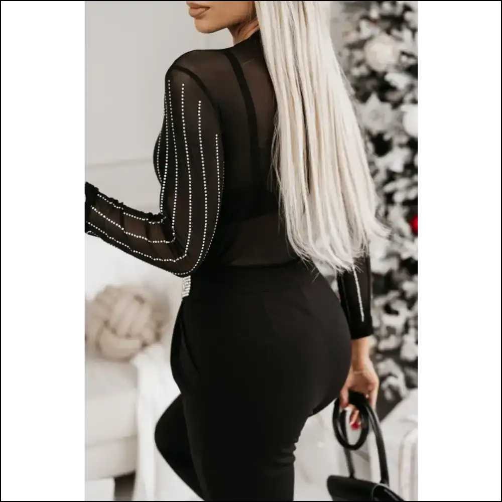 Black Rhinestone Striped Bodysuit: Sparkle Slay All Day! ✨ Needful Things - Bodysuit on Sale Worldwide Shipping