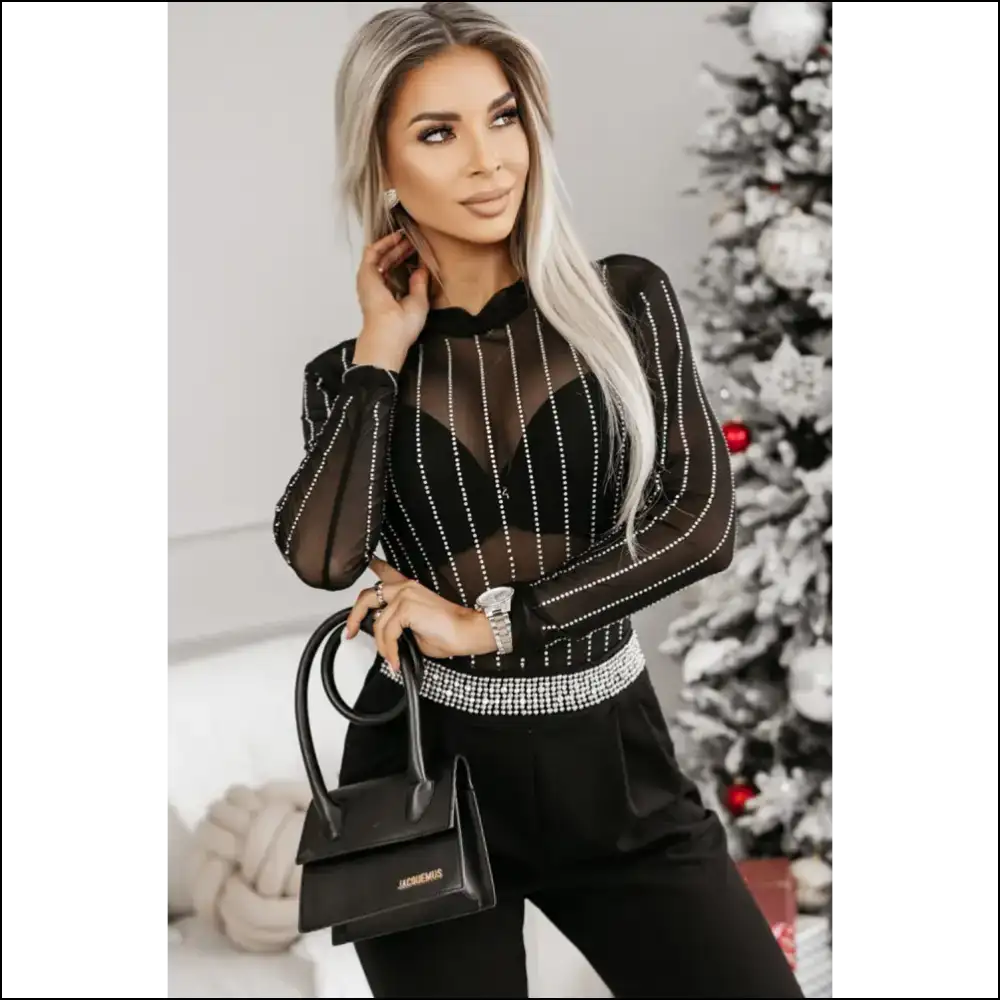 Black Rhinestone Striped Bodysuit: Sparkle Slay All Day! ✨ Needful Things - Bodysuit on Sale Worldwide Shipping