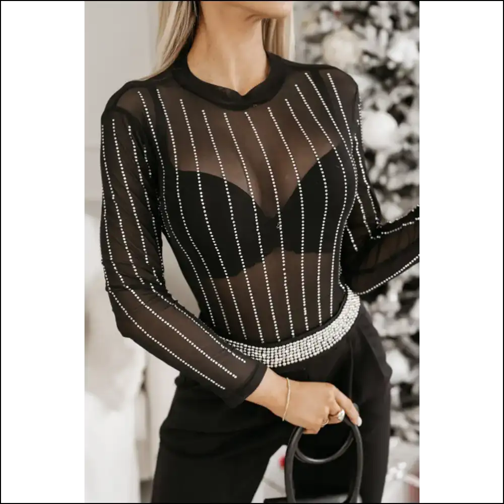 Black Rhinestone Striped Bodysuit: Sparkle Slay All Day! ✨ Needful Things - s - Bodysuit on Sale Worldwide Shipping
