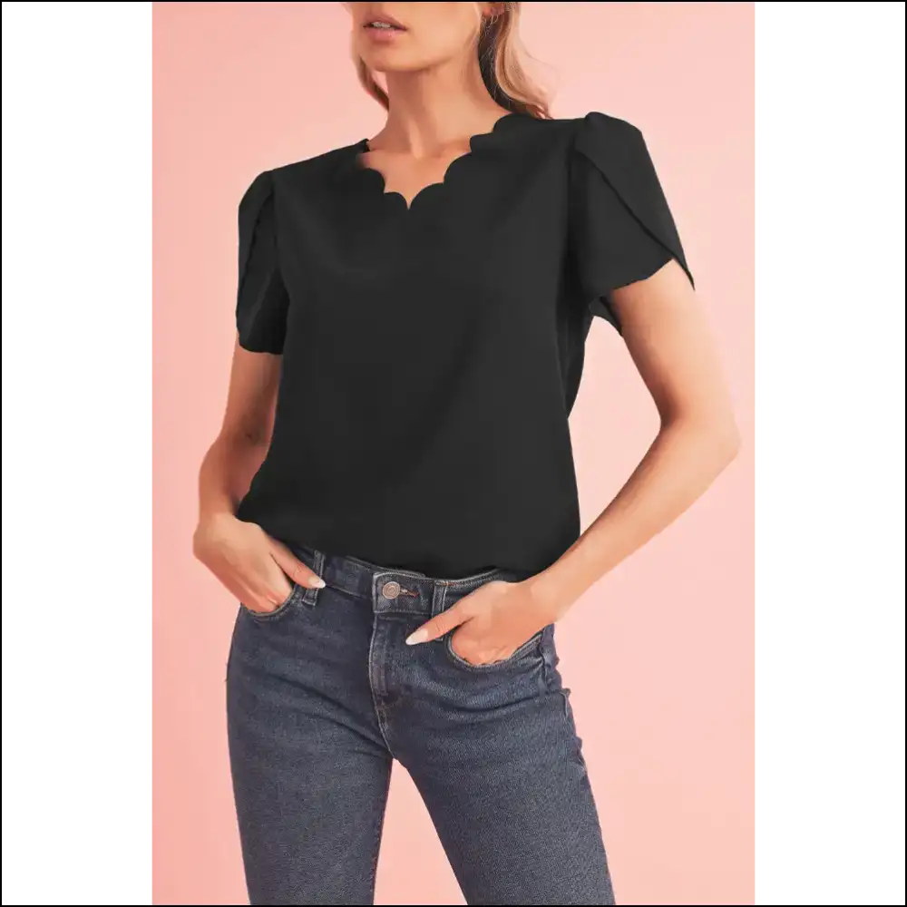 Black Scallop Trim Blouse: so Hot It’s Practically Illegal 🖤 - s - Blouses on Sale Worldwide Shipping