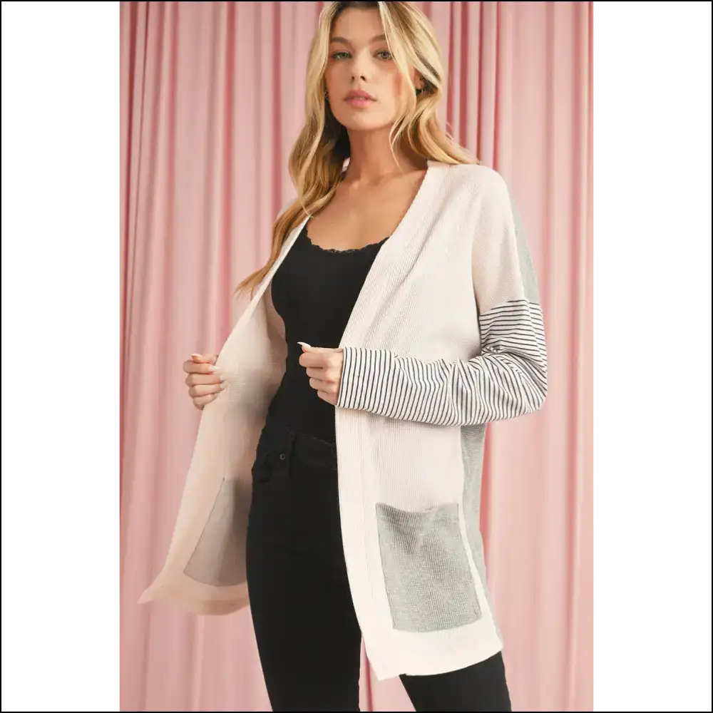 Black Striped Patchwork Cardigan: Cozy Chicish 🖤 - Cardigans on Sale Worldwide Shipping