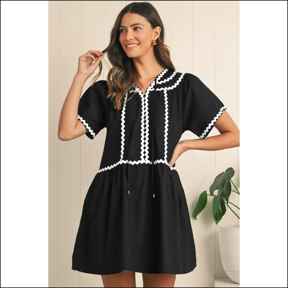 Black v Neck Mini Dress: Ricrac & Ready to Ruckus ๐ - Short Dresses on Sale Worldwide Shipping