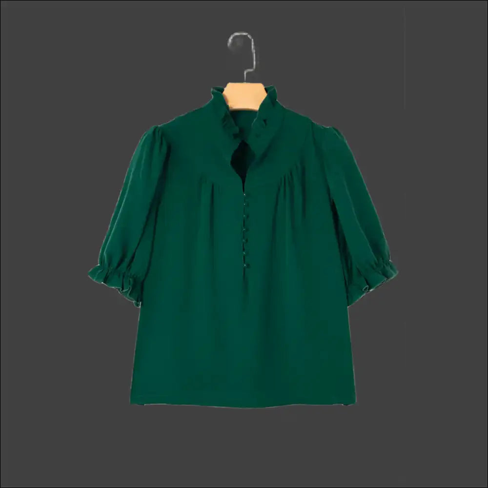 Blackish Green Puff Sleeve Frill: Ironic Fashion Karma 🐸 Needful Things - Blouses on Sale Worldwide Shipping