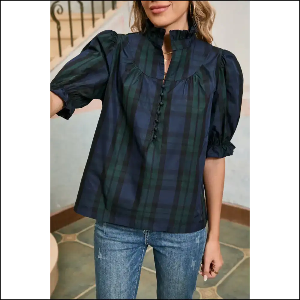 Blackish Green Puff Sleeve Frill: Ironic Fashion Karma 🐸 Needful Things - Stripe / s - Blouses on Sale Worldwide Shipping