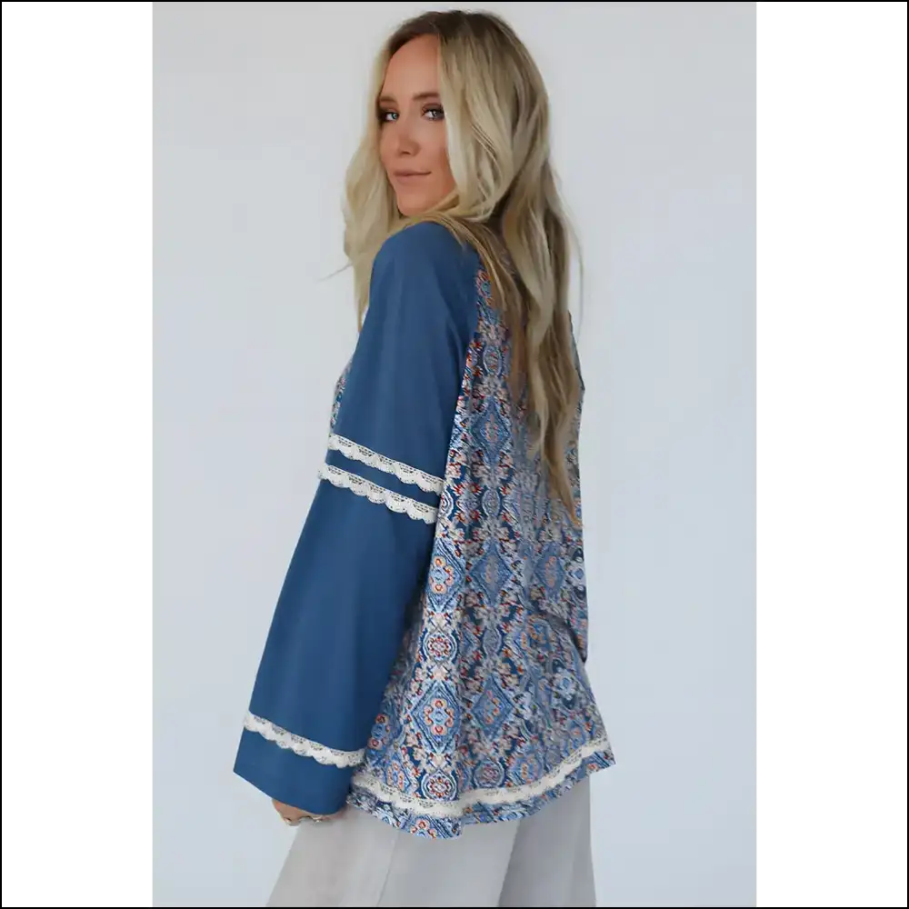 Blue Boho Blouse: Turning Heads (lace Ricrac Raglan Sleeve) - Blouses on Sale Worldwide Shipping