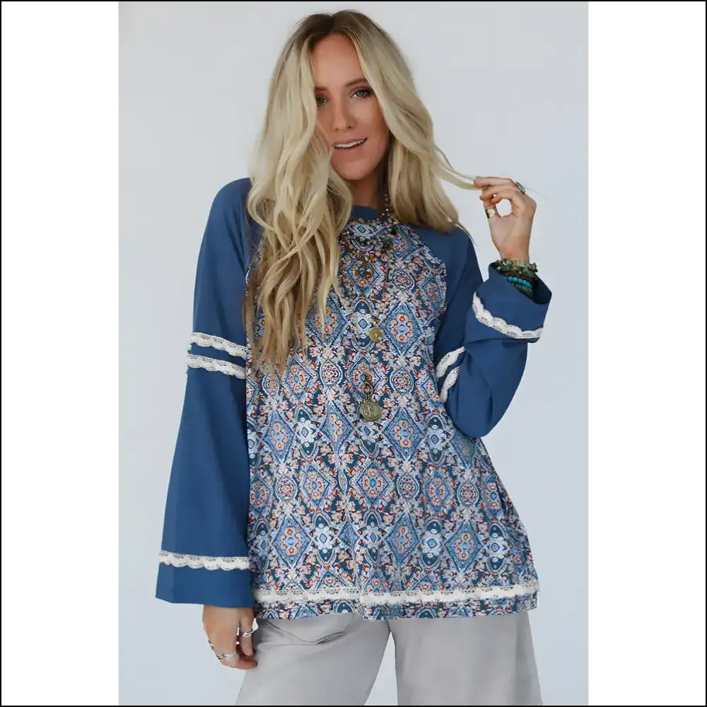 Blue Boho Blouse: Turning Heads (lace Ricrac Raglan Sleeve) - Blouses on Sale Worldwide Shipping