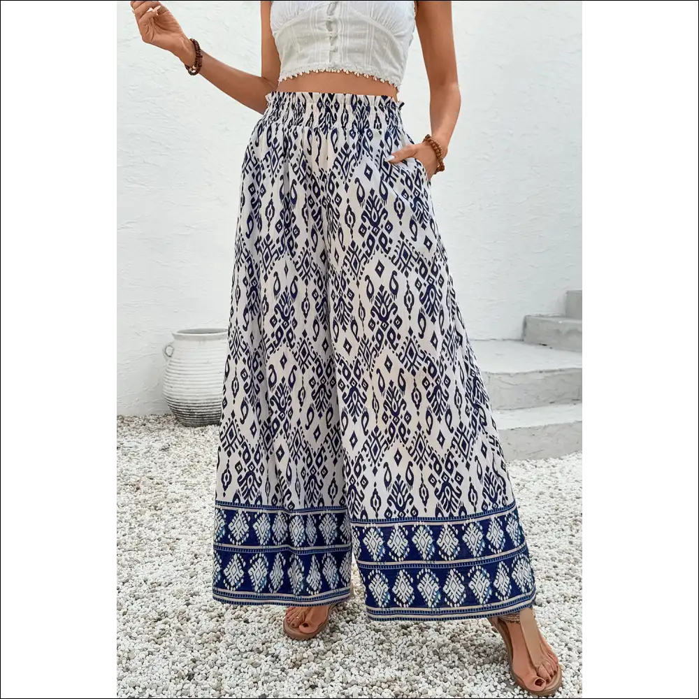 Blue Ethnic Print High Waist Wide Leg Pants - s - on Sale Worldwide Shipping